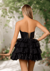 Adeline | Stylish A Line Black Mini Strapless Corset Homecoming Dress with Ruffles – Sparkling Short Strapless Party Gown - Black - PromDressClub